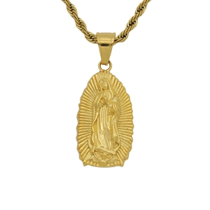 Gold Virgin Mary oval medallion pendant necklace with classic rope chain for hip hop style