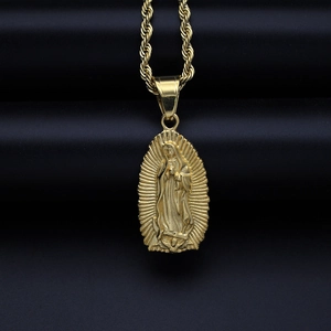 Gold plated Virgin Mary pendant necklace with a classic rope chain for men and women