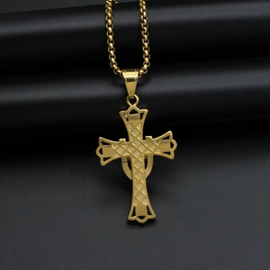 18K gold plated stainless steel cross necklace with rhinestone and textured grid pendant