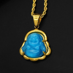 Collier en acier inoxydable plaqué or avec pendentif Bouddha rieur en œil de chat bleu