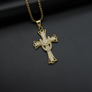 18k gold plated stainless steel cross necklace with rhinestone horseshoe pendant