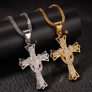 316L stainless steel 18k gold plated hip-hop cross necklace with sparkling rhinestones