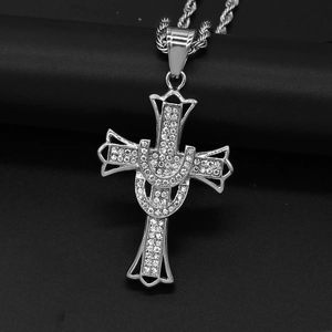 Silver-colored stainless steel cross pendant necklace with rhinestones on a rope chain