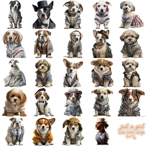 Lot de 50 autocollants de chiens gentlemen étanches avec diverses races en tenues élégantes