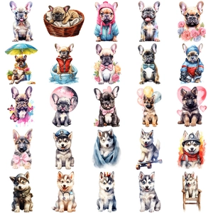 Collection of 25 cute watercolor dog stickers featuring various breeds in fun costumes