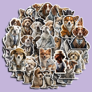 Lot de 50 stickers chiens gentlemen imperméables avec corgi et bouledogue en costume sur fond violet