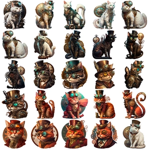 Set of 25 steampunk cat stickers with mechanical gears and Victorian outfits on white background