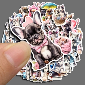Set of 50 cute cartoon dog stickers with breeds like Husky and Frenchie on grey background