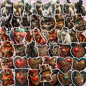 Retro Steampunk Cat Waterproof Stickers Victorian Industrial Style Mechanical Gear Heart Decals For Phone Laptop Journal