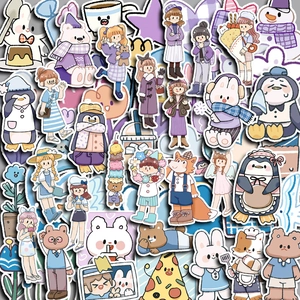 Set of 70 waterproof cartoon stickers featuring cute girls and animals in pastel colors