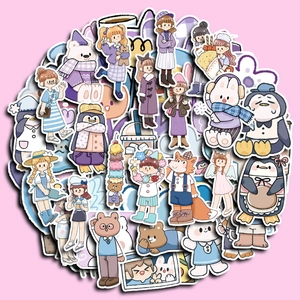 Set of 70 cute purple cartoon girl and animal waterproof stickers for laptops and journals