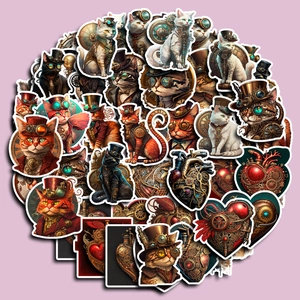 Set of 50 waterproof steampunk cat stickers featuring vintage mechanical gears and top hats