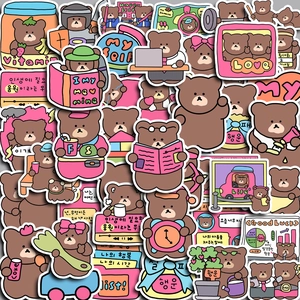 Close-up of assorted waterproof bear stickers in various cute lifestyle poses and colors