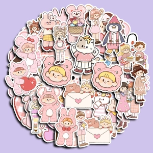 Set of 70 cute pink waterproof stickers featuring cartoon girls and animals for decoration