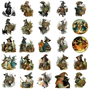 Vintage witch and herbalist stickers featuring retro hand-drawn folklore illustrations