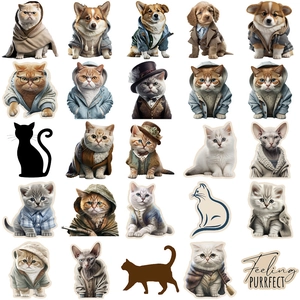 Set of 25 waterproof stickers featuring stylish anthropomorphic cats and dogs on white background