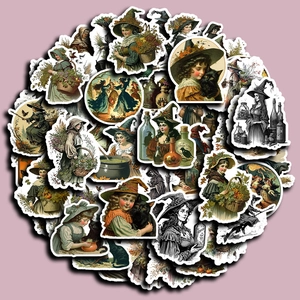 Vintage witch and Halloween themed stickers set for laptop and scrapbooking decoration