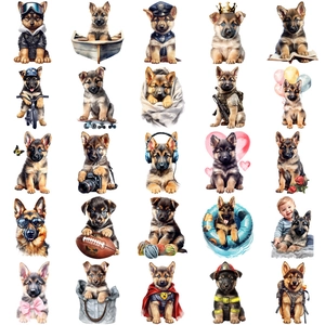 Collection of 25 cute German Shepherd puppy stickers with various professional costumes