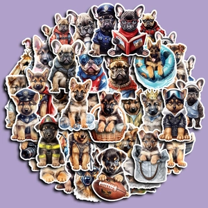 Set of 50 waterproof dog stickers featuring French Bulldogs and German Shepherd puppies