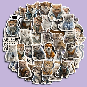 50pcs waterproof cartoon cat stickers with dapper suits for laptops and luggage