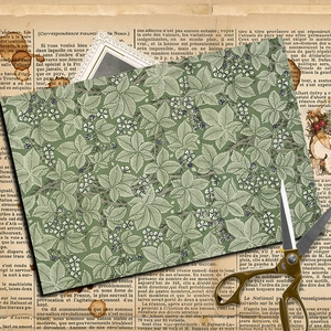 William Morris vintage floral craft paper with forest green patterns and golden scissors