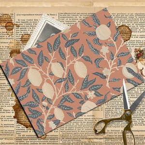 William Morris vintage decorative paper with lemon prints and gold scissors