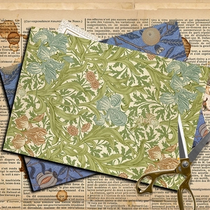 Vintage William Morris style decorative paper sheets with floral patterns and gold scissors