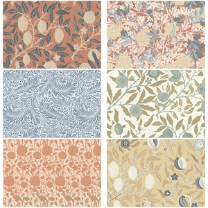 Set of 6 William Morris style decorative paper with floral and botanical patterns