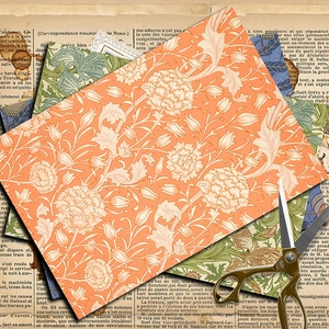 William Morris vintage floral patterned decorative papers with retro scissors for DIY crafting