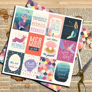 Mermaid themed decorative scrapbooking papers with shells and scales for DIY crafts