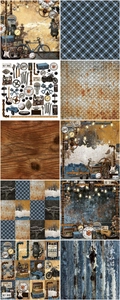 Detail showing vintage industrial scrapbooking papers with garage and tool patterns