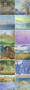 Detailed grid view of 12 vintage Claude Monet impressionist landscape decorative papers