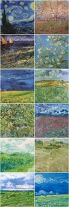 Detailed grid showing twelve vintage Vincent van Gogh oil painting decorative papers