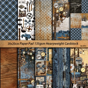 Retro industrial scrapbook paper set with vintage tool patterns and metallic textures