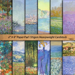Set of 12 vintage Monet impressionist oil painting scrapbook paper sheets, 6x6 inches