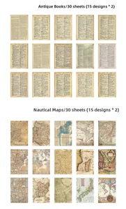 Detail of 30pcs vintage book and nautical theme scrapbooking papers for journals