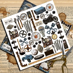 Vintage industrial scrapbooking papers with wrench gear and clock motifs on French newspaper