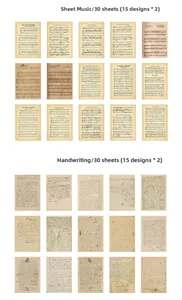Close-up of vintage sheet music and handwritten letters on aged decorative paper for journaling