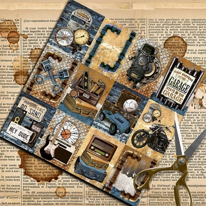 Vintage industrial scrapbook paper with mechanical tools, vintage cars and garage patterns