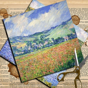 Vintage Monet impressionist art scrapbooking paper set with landscape oil painting cards