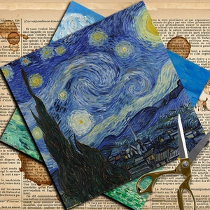 Vintage Van Gogh Starry Night art paper set with retro scissors on French newspaper