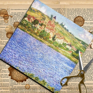 Vintage Monet impressionist landscape art paper on retro French newspaper background