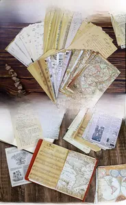 Macro detail of vintage scrapbook kit featuring antique maps, sheet music, and old paper texture