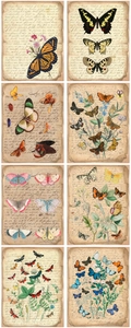 Detailed grid of 8 vintage butterfly and botanical craft papers with cursive script textures