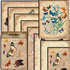 Retro butterfly material paper for junk journal collage with vintage handwriting aesthetic