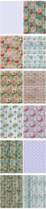 Detailed grid of twelve vintage floral craft paper designs with antique rose and wood textures
