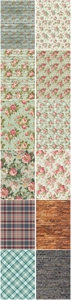Collection of 12 vintage floral, plaid, and brick pattern decorative scrapbook papers