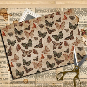 Vintage butterfly scrapbook paper sheets with antique botanical designs for DIY journals