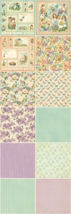 Detailed close-up of 12 vintage decorative paper sheets with floral and grid patterns