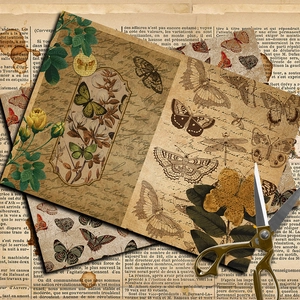 Vintage butterfly scrapbook paper set with floral motifs for DIY collage decoration
